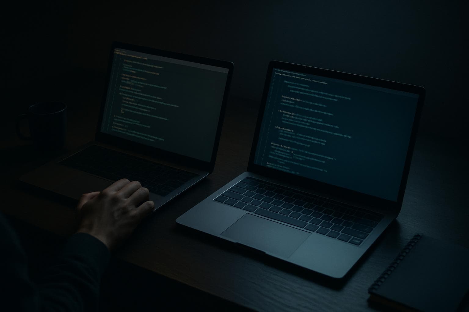 Two glowing laptop screens on a darkened desk, conceptual editorial image comparing AI coding assistants