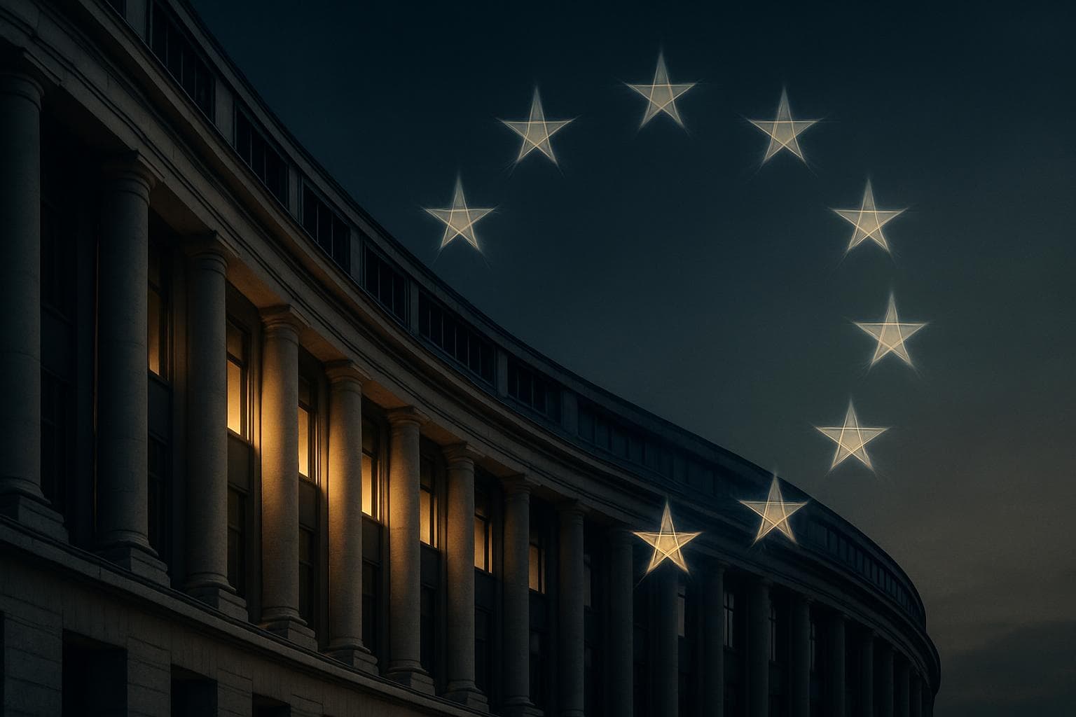 Architectural geometry suggesting European institutions, conceptual editorial image for the EU AI Act