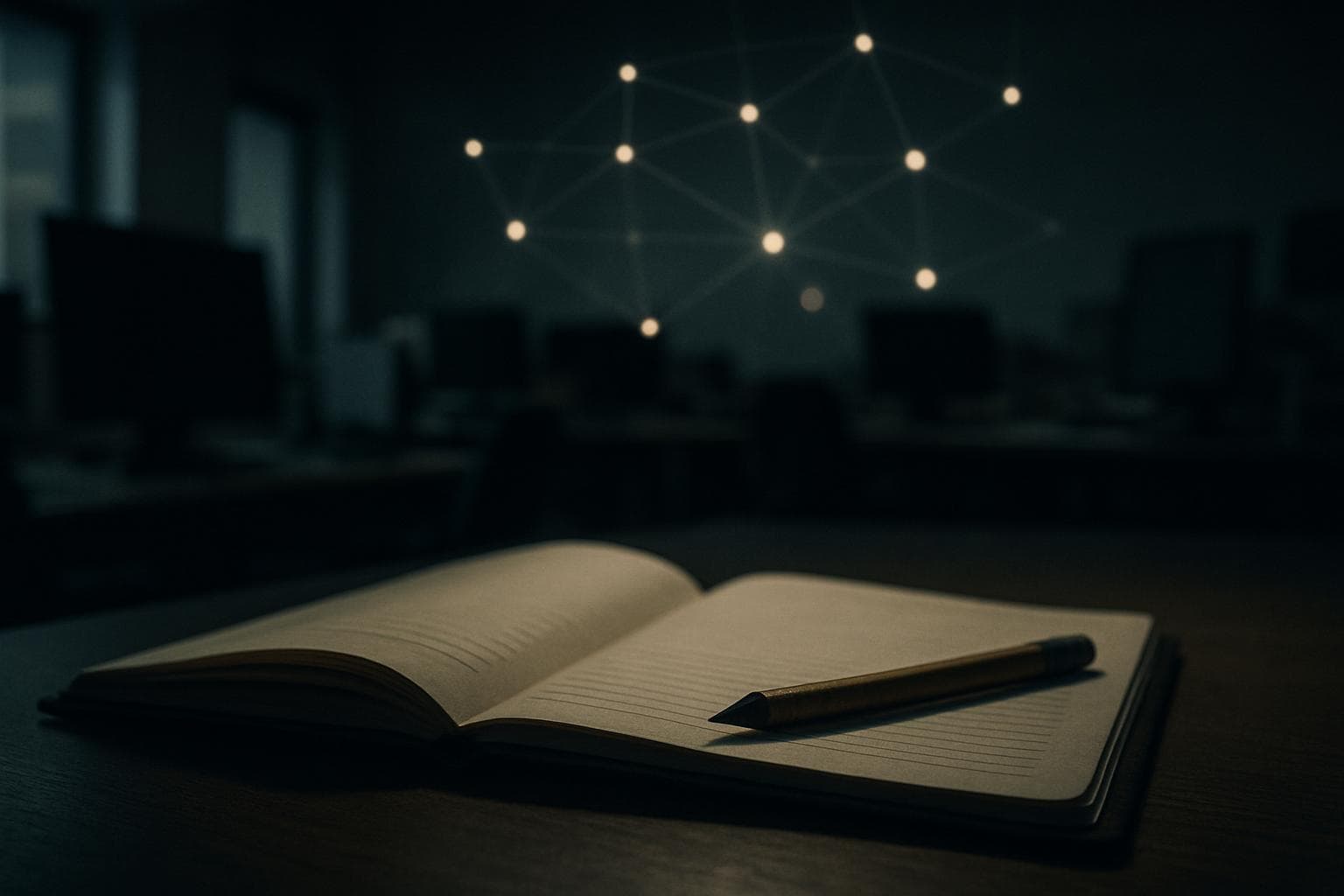 Darkened newsroom desk with notebook and pencil, faint constellation of light in the background, conceptual editorial image for autonomous content systems in journalism