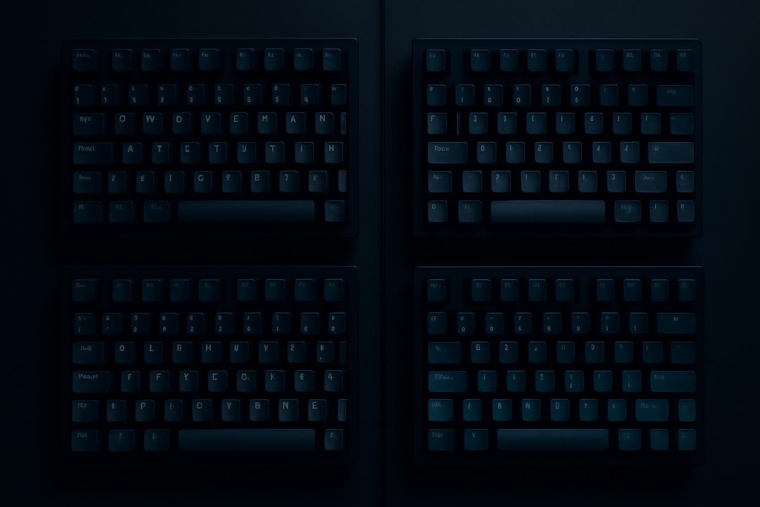 Four near-identical keyboard sections lit in different cool tones, conceptual editorial image comparing AI coding assistants