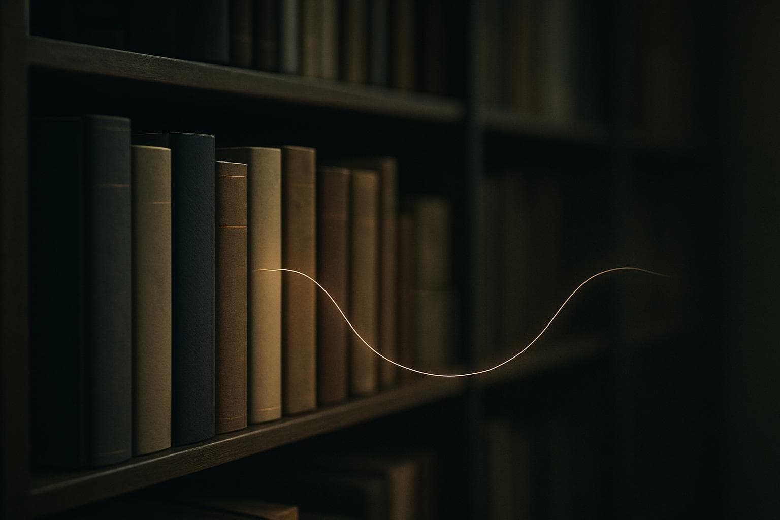 Library shelf with a luminous thread weaving between volumes, conceptual editorial image for retrieval-augmented generation